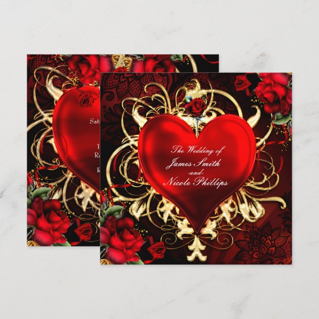 Ornemental Floral Coeur Noir Rouge Or Invitations (Devant / Derrière)