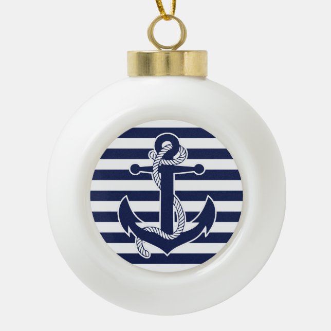 Ornements de Noël nautiques Ball Marine Ancre bleu (Devant)