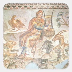 Orpheus, der mit Tieren spielt, römisches Mosaik Quadratischer Aufkleber