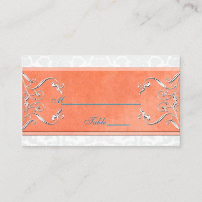 Orte für Korallen, Aqua und Gray Damask Platzkarte (Vorderseite)
