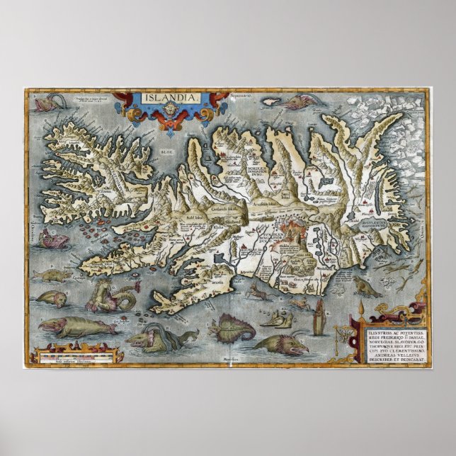 Ortelius Islandia Karte mit Sea Monsters Print Poster (Vorne)