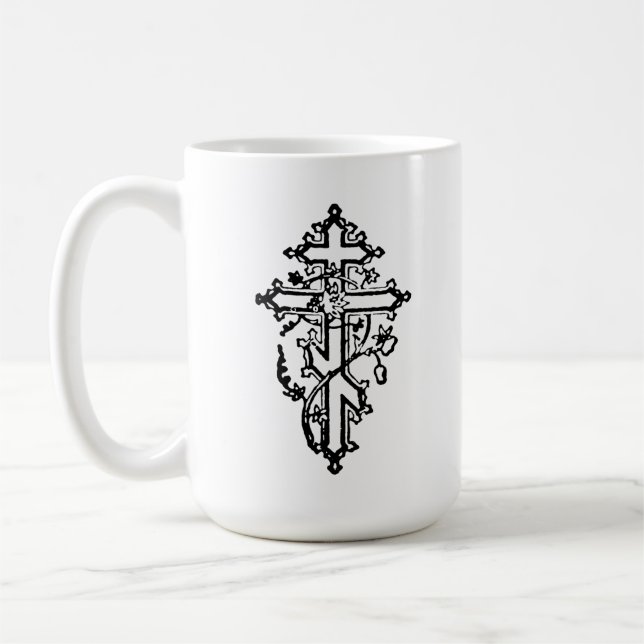 Orthodoxe Christliches Verziertes Kreuz 15oz. Kaffeetasse (Links)