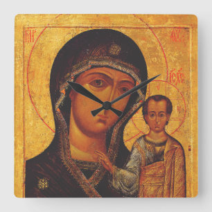 Orthodoxe Ikone Unsere Liebe Frau von Kasan Quadratische Wanduhr