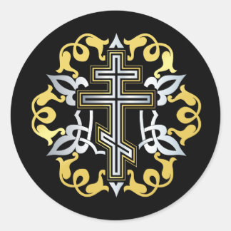 Orthodoxes Cross Gold mit Ornamenten Runder Aufkleber