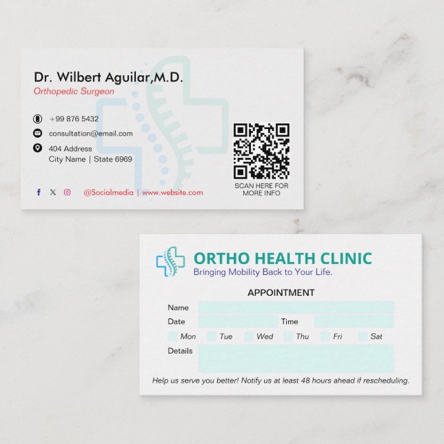 Orthopädie-Klinik | Saubere Ernennung Visitenkarte (Vorne/Hinten)