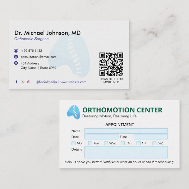 Orthopädie Physikalische Therapie | Moderne Ernenn Visitenkarte (Vorne/Hinten)