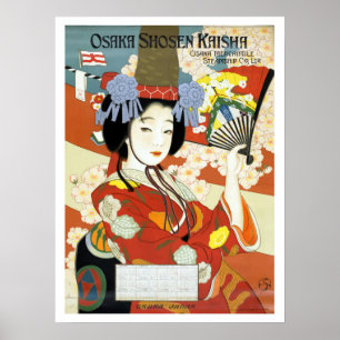 Osaka, Japan, Geisha mit Fan, Vintage Reise Poster