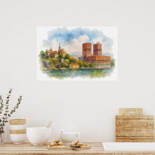 Oslo Norwegen Aquarell-Kunstposter, Skandinavisch Poster