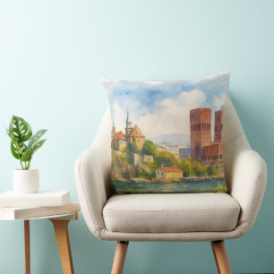 Oslo Norwegen Aquarell, Skandinavische Stadtlandsc Kissen