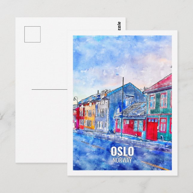 Oslo Norwegen Berühmte Wasserfarbskizze für Reisen Postkarte (Vorne/Hinten)