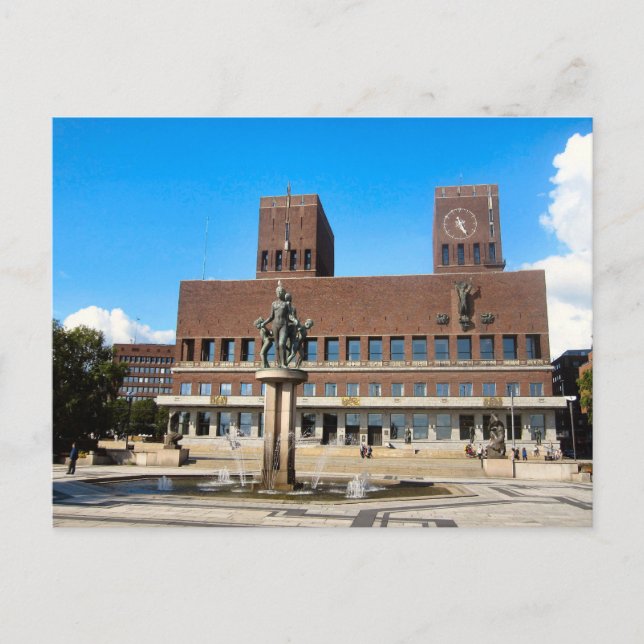 Oslo Rathaus, Statue, Brunnen Postkarte (Vorderseite)