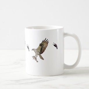 Osprey, der durch eine rotgeflügelte Amsel gejagt Kaffeetasse