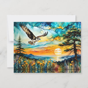 Osprey im Flug über Wildblumen bei Sonnenuntergang Postkarte