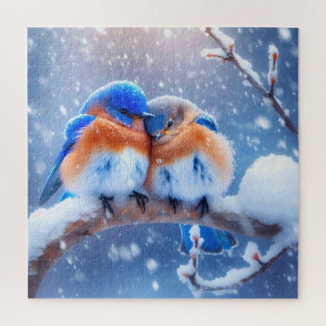 Ost-Bluebirds schnuppern auf einer verschneiten Zw (Vertikal)