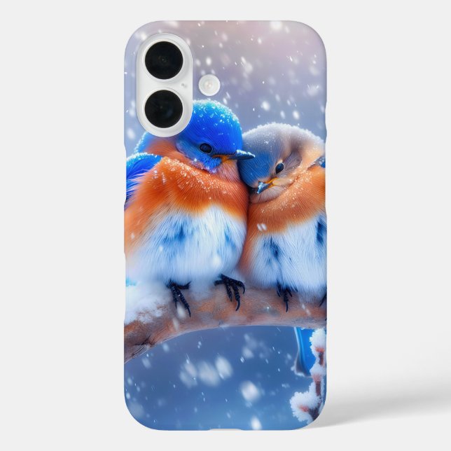 Ost-Bluebirds schnuppern auf einer verschneiten Zw iPhone 16 Hülle (Rückseite)