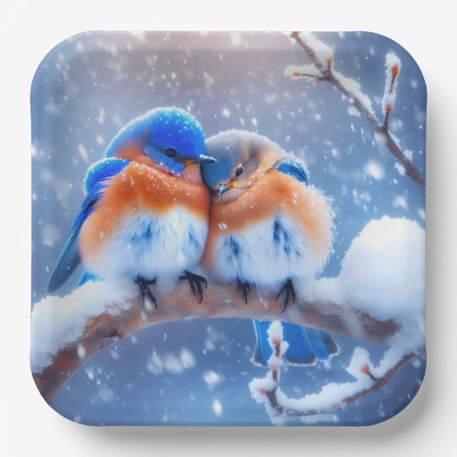 Ost-Bluebirds schnuppern auf einer verschneiten Zw Pappteller (Vorderseite)
