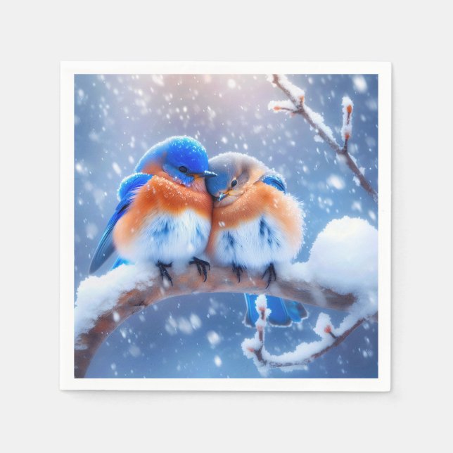 Ost-Bluebirds schnuppern auf einer verschneiten Zw Serviette (Vorderseite)