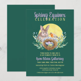 Ostara Spring Equinox Bunny & Bird Nest Green Einladung