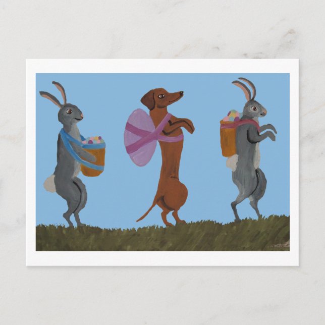 Oster-Dackel und marschierende Hasen Postkarte (Vorderseite)
