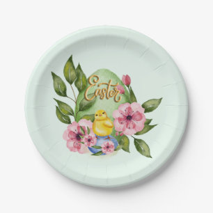 Oster-Ei, Baby-Küken, rosa Frühlingsblumen Pappteller