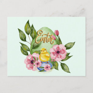 Oster-Ei, Küken, rosa Frühlingsblumen Postkarte