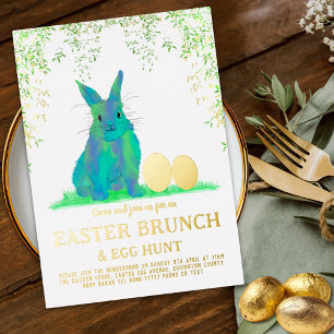 Oster-Eier-Suche-Brunch Süßer blauer Hase Gold Folieneinladung