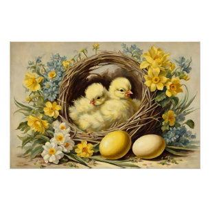 Oster-Gelb-Babyküken in einem Korb und Blumen  Poster