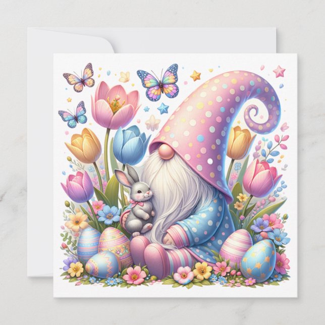 Oster-Gnom mit Hase und Frühlingsblumen  (Vorderseite)