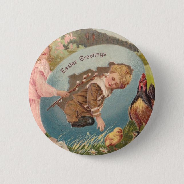 Oster Mädchen und Junge viktorianische antike Post Button (Vorderseite)
