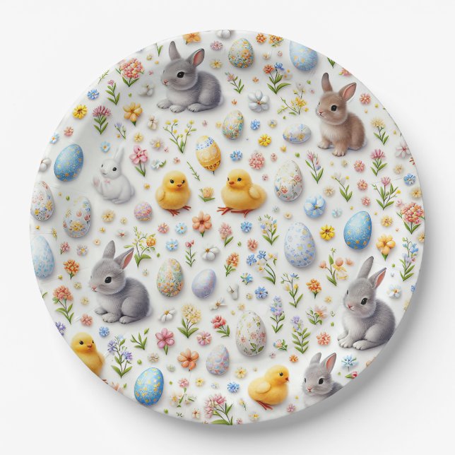 Oster-Papierplatten – Hasen, Eier, Küken Pappteller (Vorderseite)