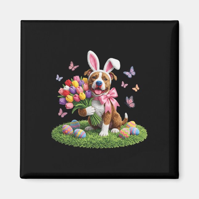 Oster-Pitbull-Hundemutter Frühhling Osterhase Tulp Magnet (Vorne)