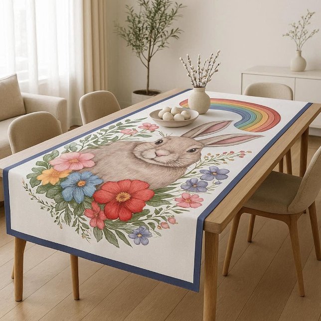 Oster Regenbogen Wiese Frühlingsblumen Wilder Hase Tischdecke (Easter Rainbow Meadow Spring Flowers Wild Rabbit Tablecloth)