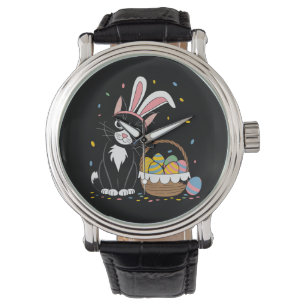 Oster-Schwarze Katze Smoking Kaninchen Hase Ohren Armbanduhr