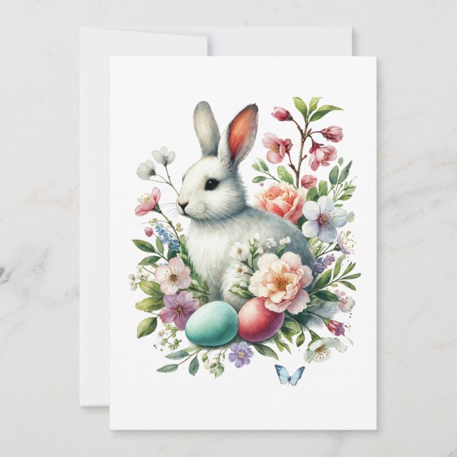 Oster-Watercolor-Hase, Eier und Blumen Einladung (Vorderseite)