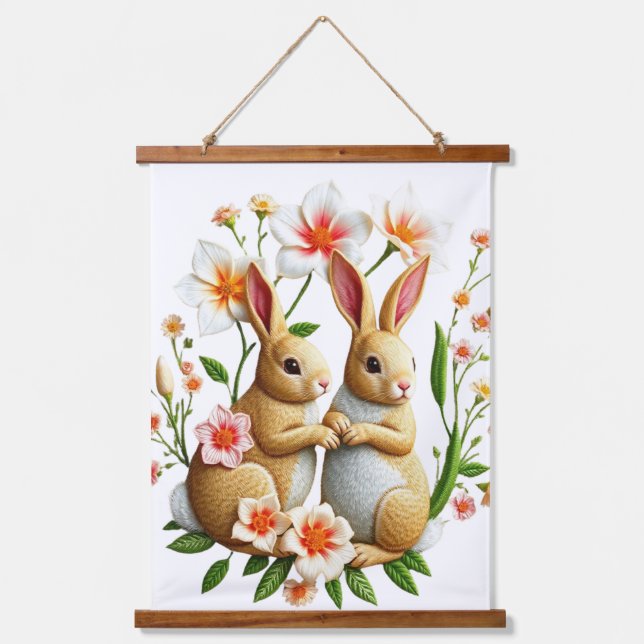Osterband Cottontails und Chinoiserie Wandteppich Mit Holzrahmen (Vorderseite)