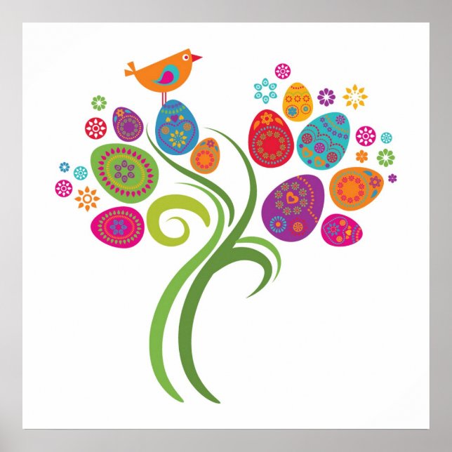 Osterbaum mit farbigen Eiern und Blume Poster (Vorne)