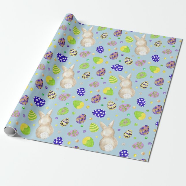 Osterbäume und farbenfrohe Eier Blau Geschenkpapier (Ungerollt)