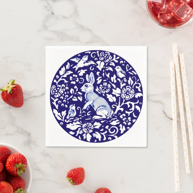 Osterblau - Weißes Kaninchen Stehend Bunny Delft K Serviette (Beispiel)
