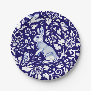 Osterblaues Weißes Kaninchen Stehend Bunny Delft Pappteller