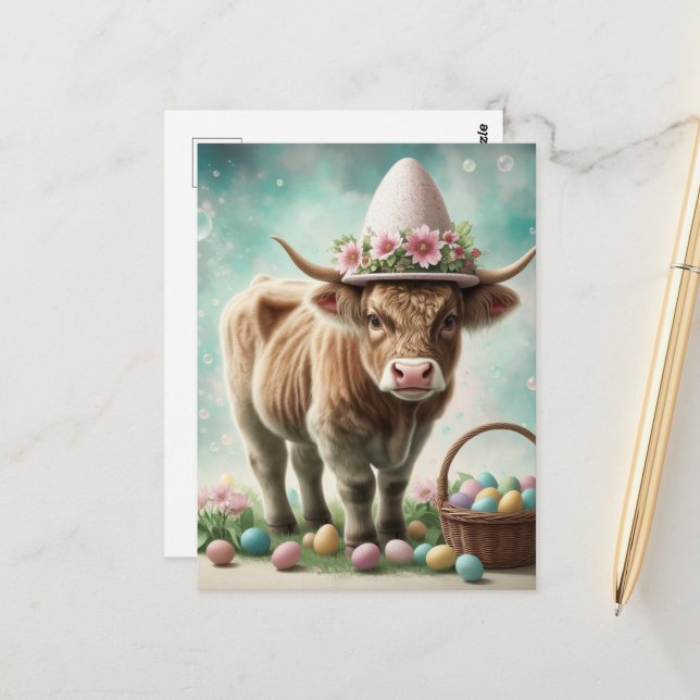 Osterbraune Highland Cow Postkarte (Vorderseite/Rückseite Beispiel)
