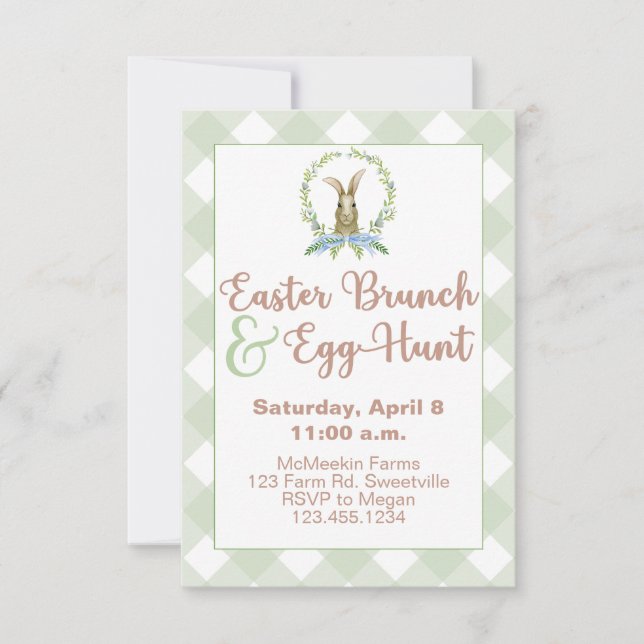 Osterbrunch & Egg Hunt Rabbit Einladung Gingham (Vorderseite)