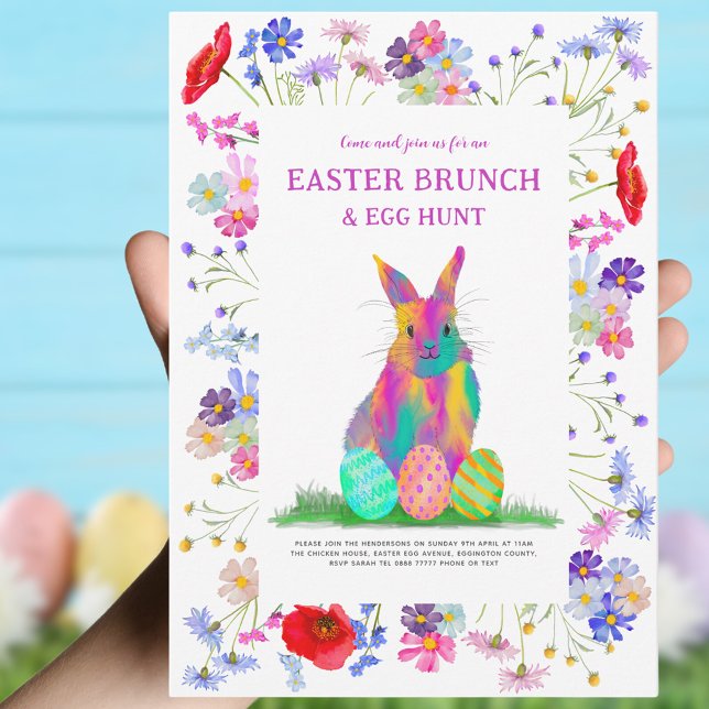 Osterbrunch Egg Jagd und bunt blühende Hase Einladung (Easter brunch and egg hunt colorful bunny and wildflower floral invitation )