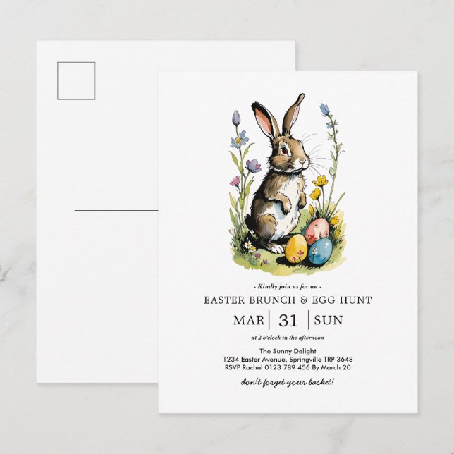 Osterbrunch & Eierjagd | Wildblume Bunny Einladungspostkarte (Vorne/Hinten)