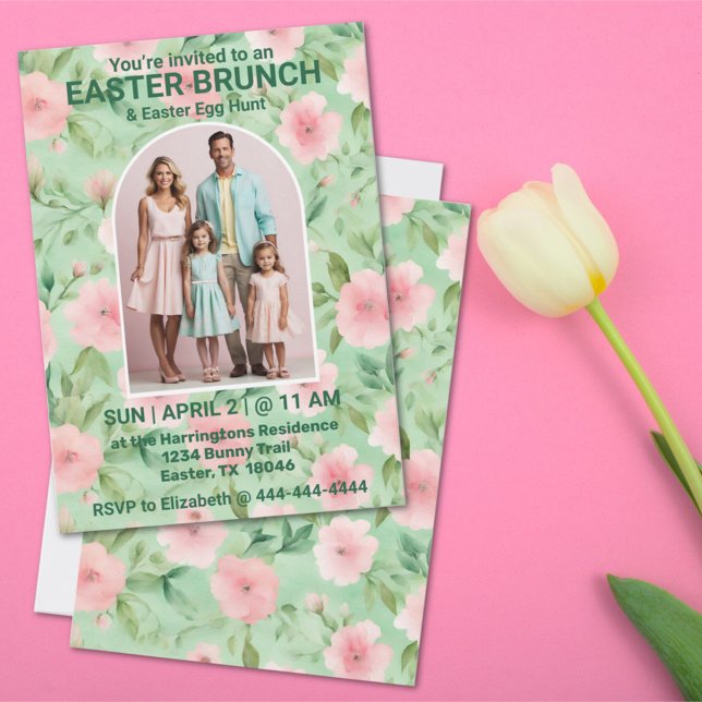 Osterbrunch Foto Pastell Pink & Green Florals Einladung (Von Creator hochgeladen)