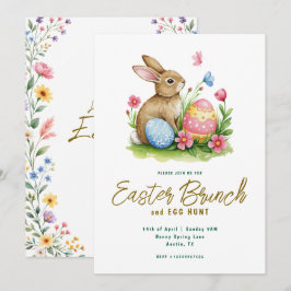 Osterbrunch mit floralem Hasen und Ei in Wasserfar Einladung