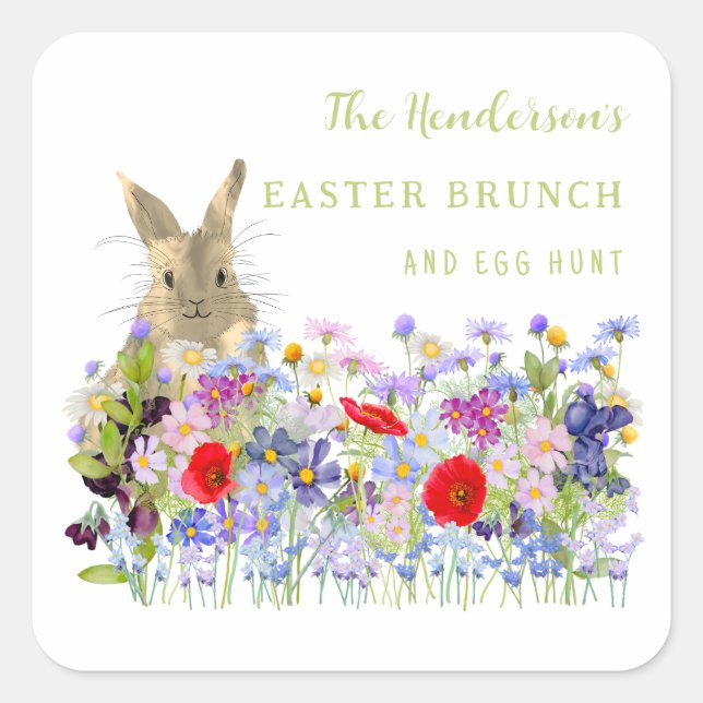 Osterbrunch und Ei Hunt Bunny Floral Name Quadratischer Aufkleber (Vorderseite)