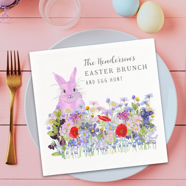Osterbrunch und Eierjagd Bunny Floral Serviette (Personalized Easter brunch egg hunt cute pink bunny wildflower floral spring party napkin)