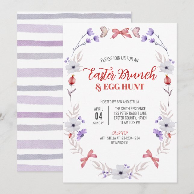 Osterbrunch und Eierjagd, Lila Weiße Blüte Einladung (Vorne/Hinten)