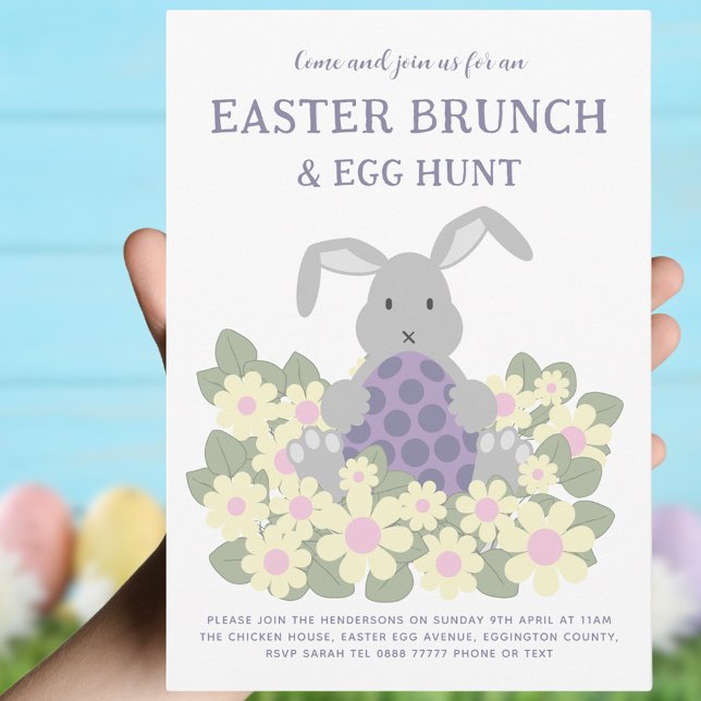 Osterbrunch und Eierjagd Niedliche Bunny Bloral Einladung (Easter brunch and egg hunt cute bunny spring floral invitation. Modern Pink purple green and gray)