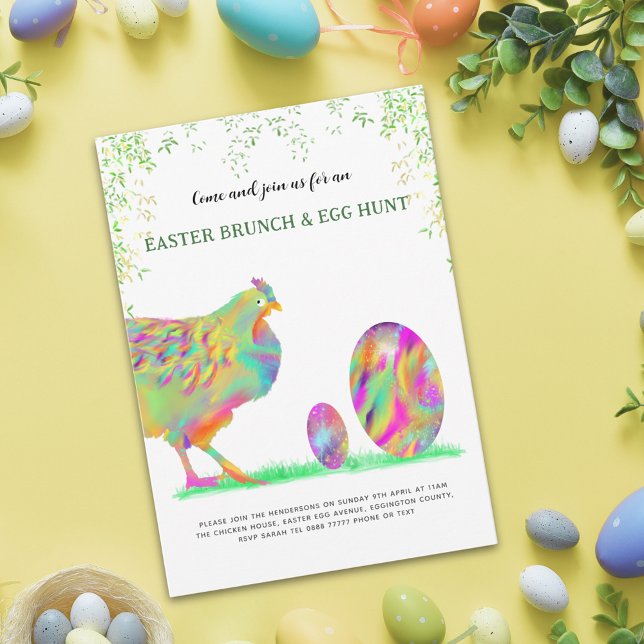 Osterbrunch und Eierjagd Party Aquarell Flyer (Easter Egg Hunt Brunch Cute colorful watercolor Hen & Eggs budget Invitation )
